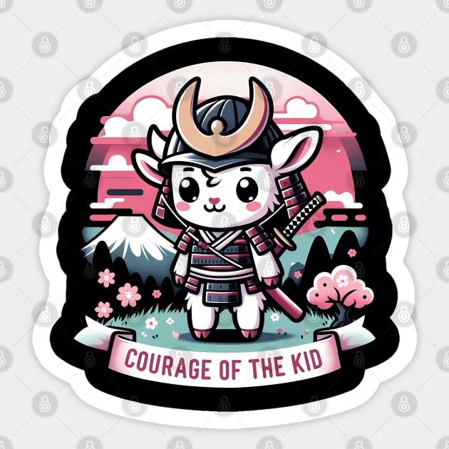 Kawaii Samurai Animal Lamb Warrior with Katana Cute in front of Fuji Mount Blossom Sticker by EmuftyDesign